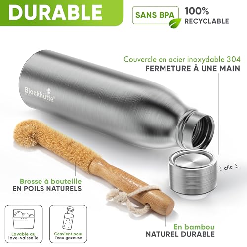 Bouteille Blockhütte Inox 750ml pour Sport et Fitness I Isotherme Sans BPA I Bouteille Étanche pour Randonnée et Gym