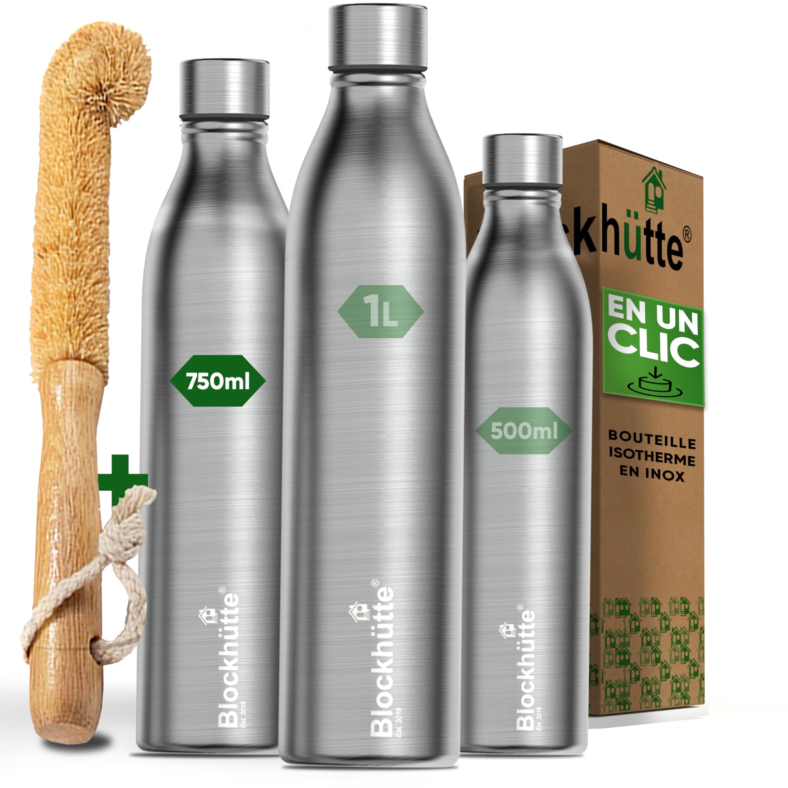 Bouteille Blockhütte Inox 750ml pour Sport et Fitness I Isotherme Sans BPA I Bouteille Étanche pour Randonnée et Gym